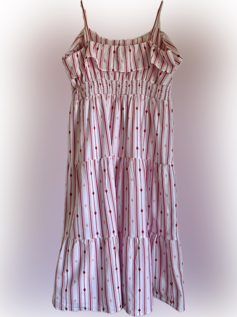 LOFT Pink and Red Striped Tiered Maxi Dress